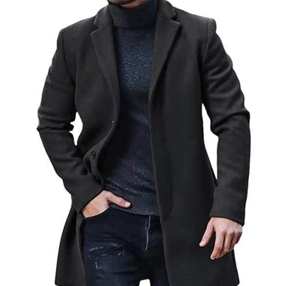 Refined Warm Men's Tweed Coat - Medium-Length Polyester