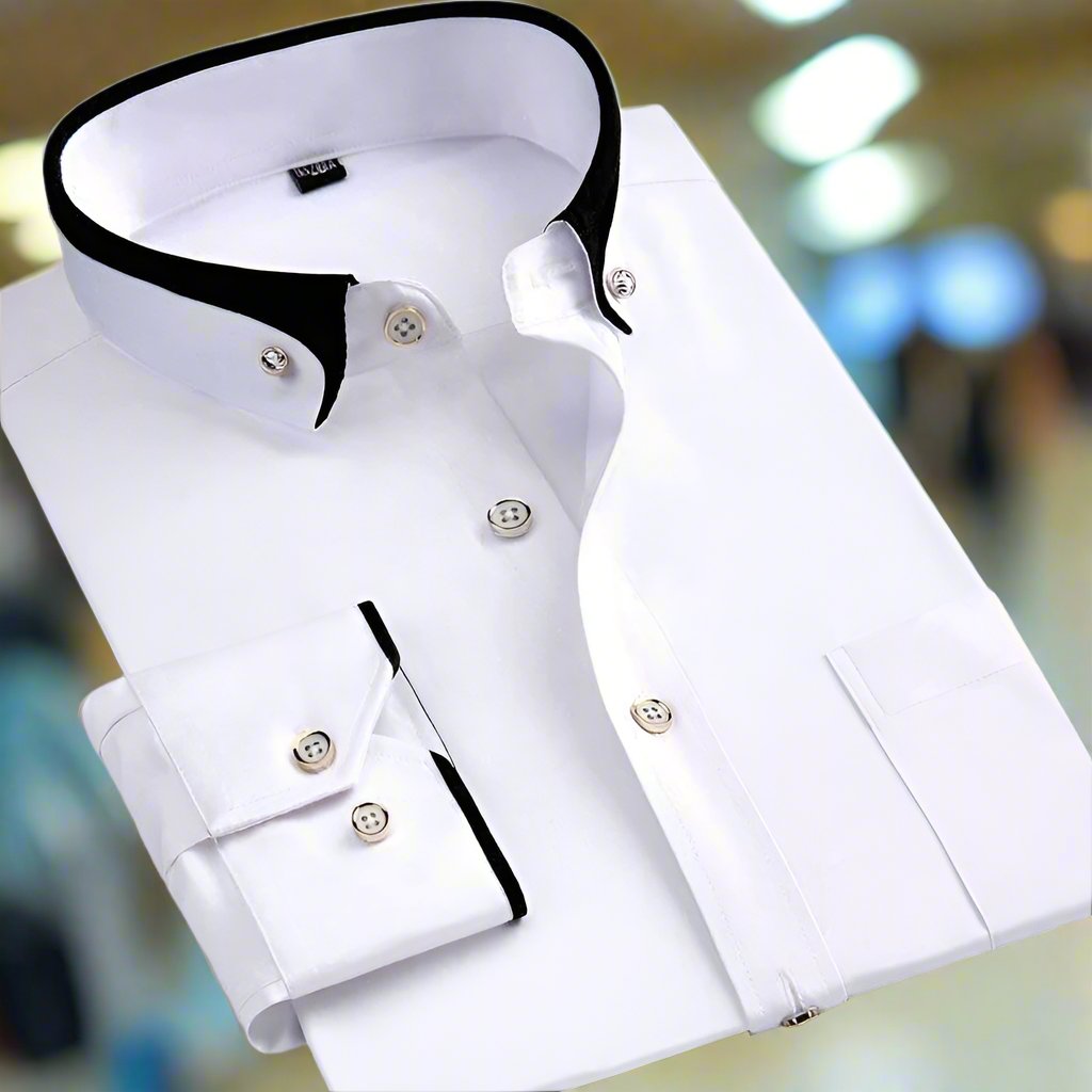 Classic Long Sleeve Men's Dress Shirt with Contrasting Collar and Buttoned Cuffs, Premium Cotton Blend, Regular Fit, Versatile Style-2