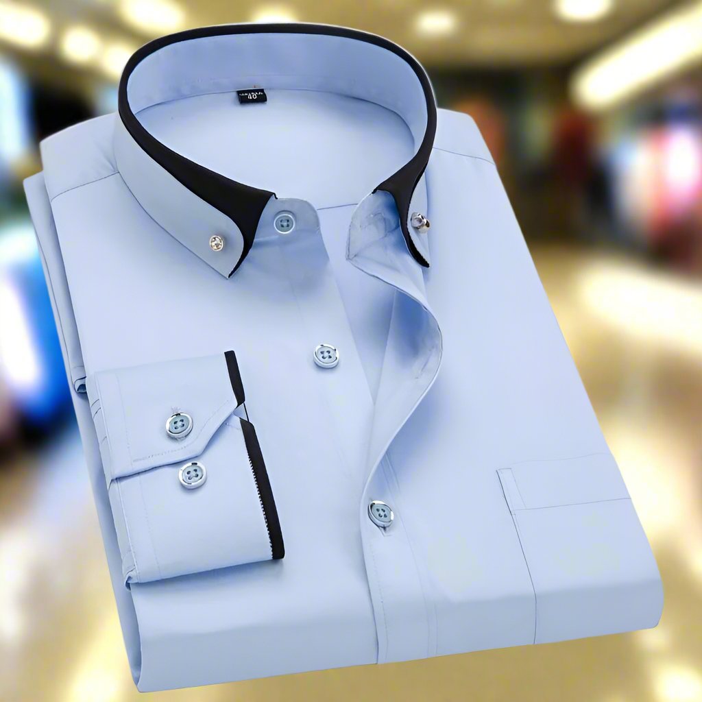 Classic Long Sleeve Men's Dress Shirt with Contrasting Collar and Buttoned Cuffs, Premium Cotton Blend, Regular Fit, Versatile Style-5