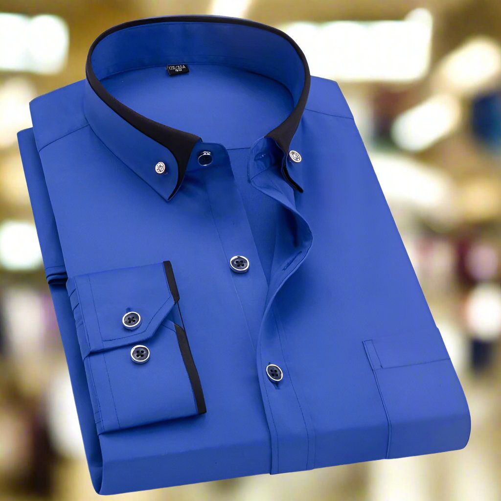 Classic Long Sleeve Men's Dress Shirt with Contrasting Collar and Buttoned Cuffs, Premium Cotton Blend, Regular Fit, Versatile Style-6