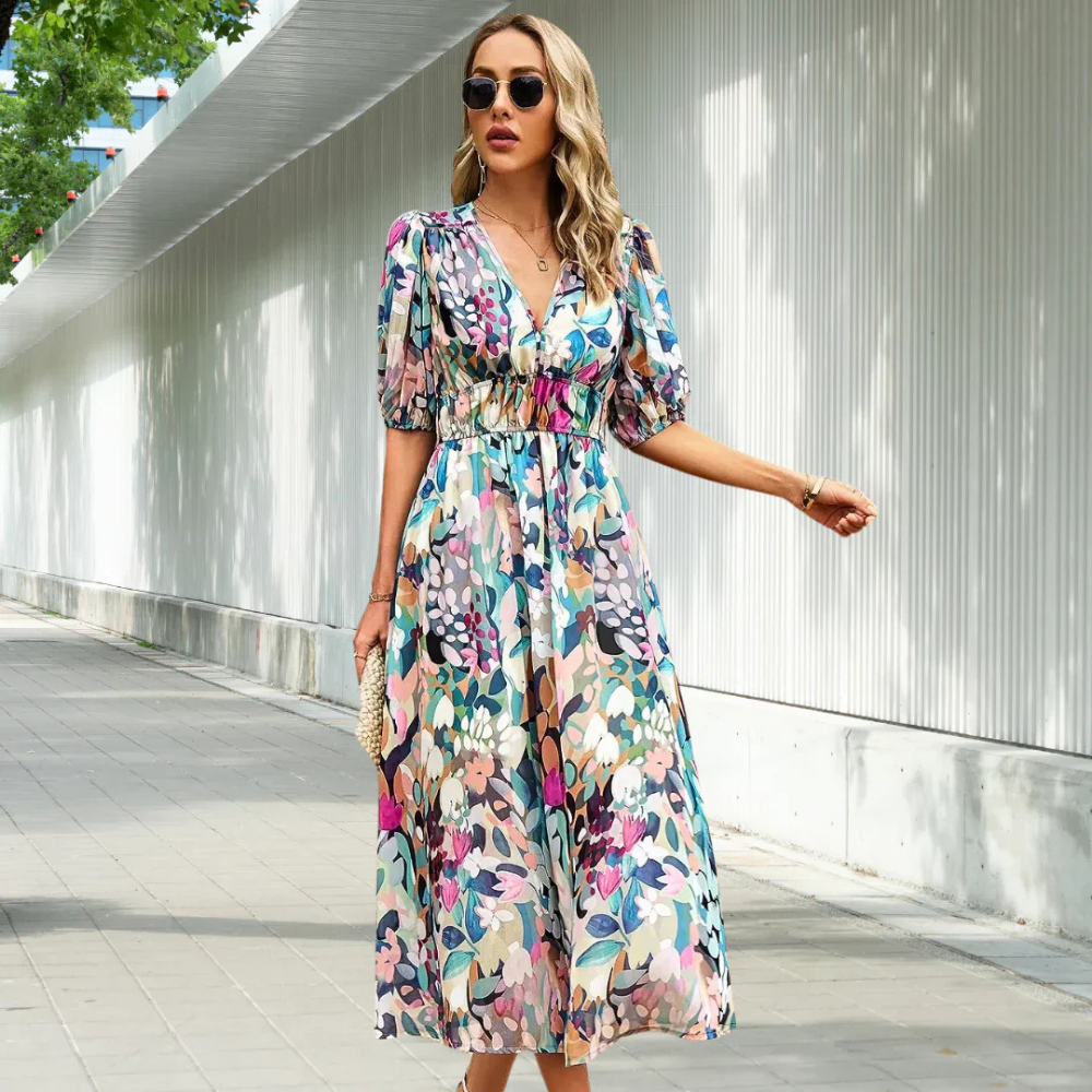 Floral Summer Dress for Women with Puffed Sleeves and V-Neck - Perfect Wedding Guest Dress-1
