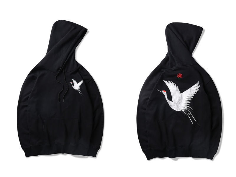 relaxed Oversized hoodie - embroidered crane, cotton blend