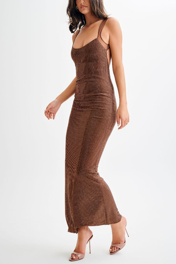 Open Back Sequin Mesh Black Maxi Dress for Women, Ankle-Length Scoop Neck Long Dress with Adjustable Straps-6