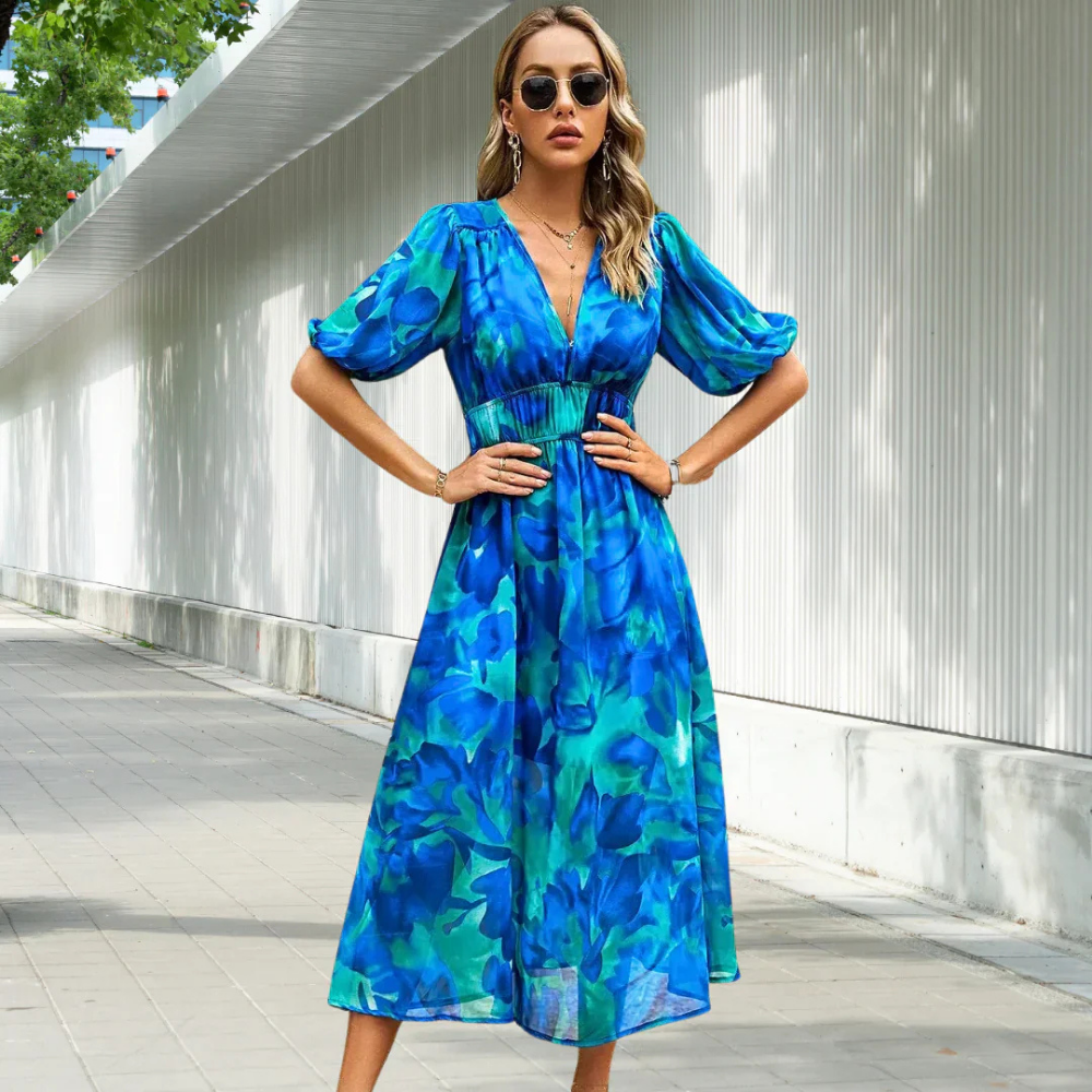 Variant image for Floral Summer Dress for Women with Puffed Sleeves and V-Neck - Perfect Wedding Guest Dress-16