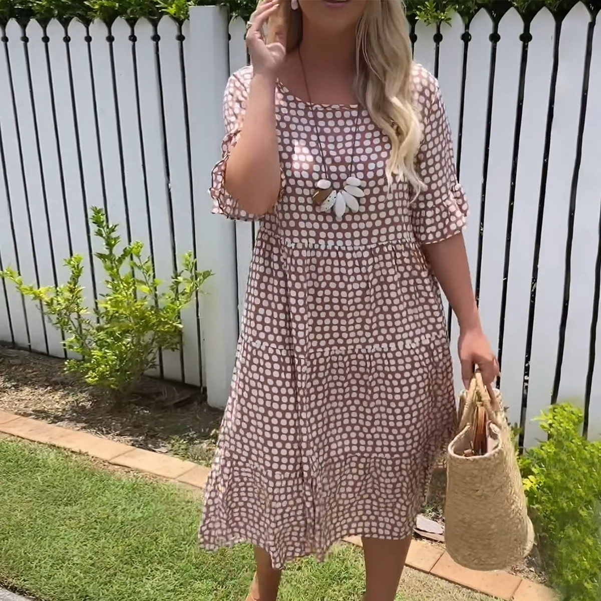 Short-Sleeve Midi Dress for Women in Polka Dot Design, Lightweight Breathable Fabric, Relaxed Fit for Summer Events-1