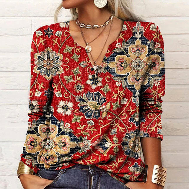 Floral Print Women's Blouse in Cotton-Polyester Blend with V-Neckline for Spring and Autumn Wear-1