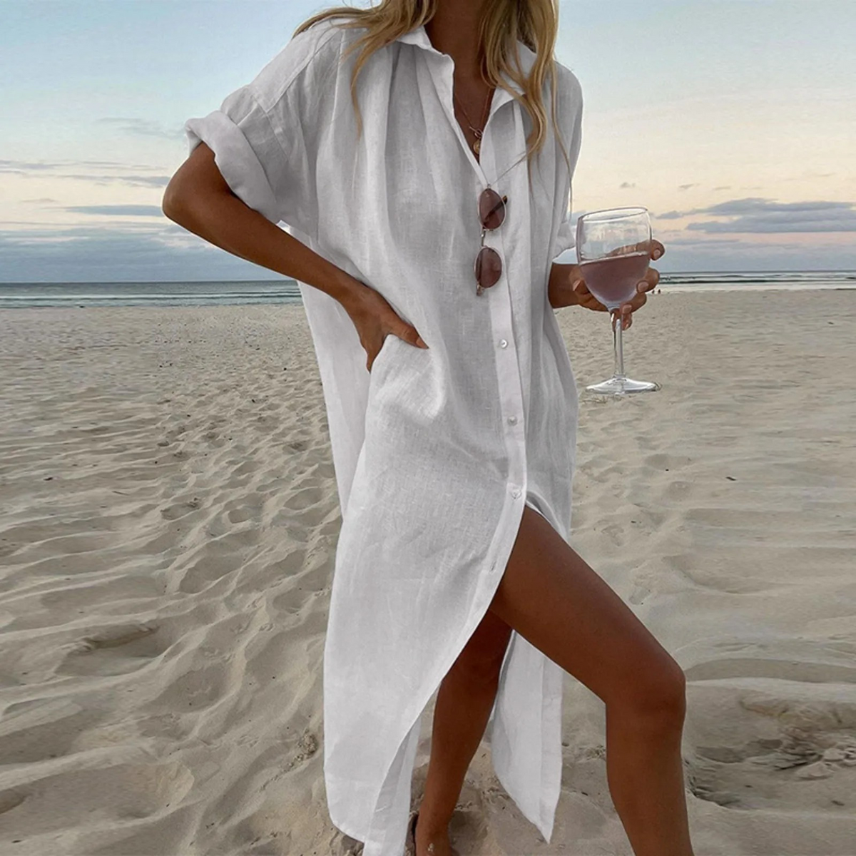 Elegant High Slot Shirt Dress with Button Details for Women, Soft Fabric, Chic Relaxed Fit-2