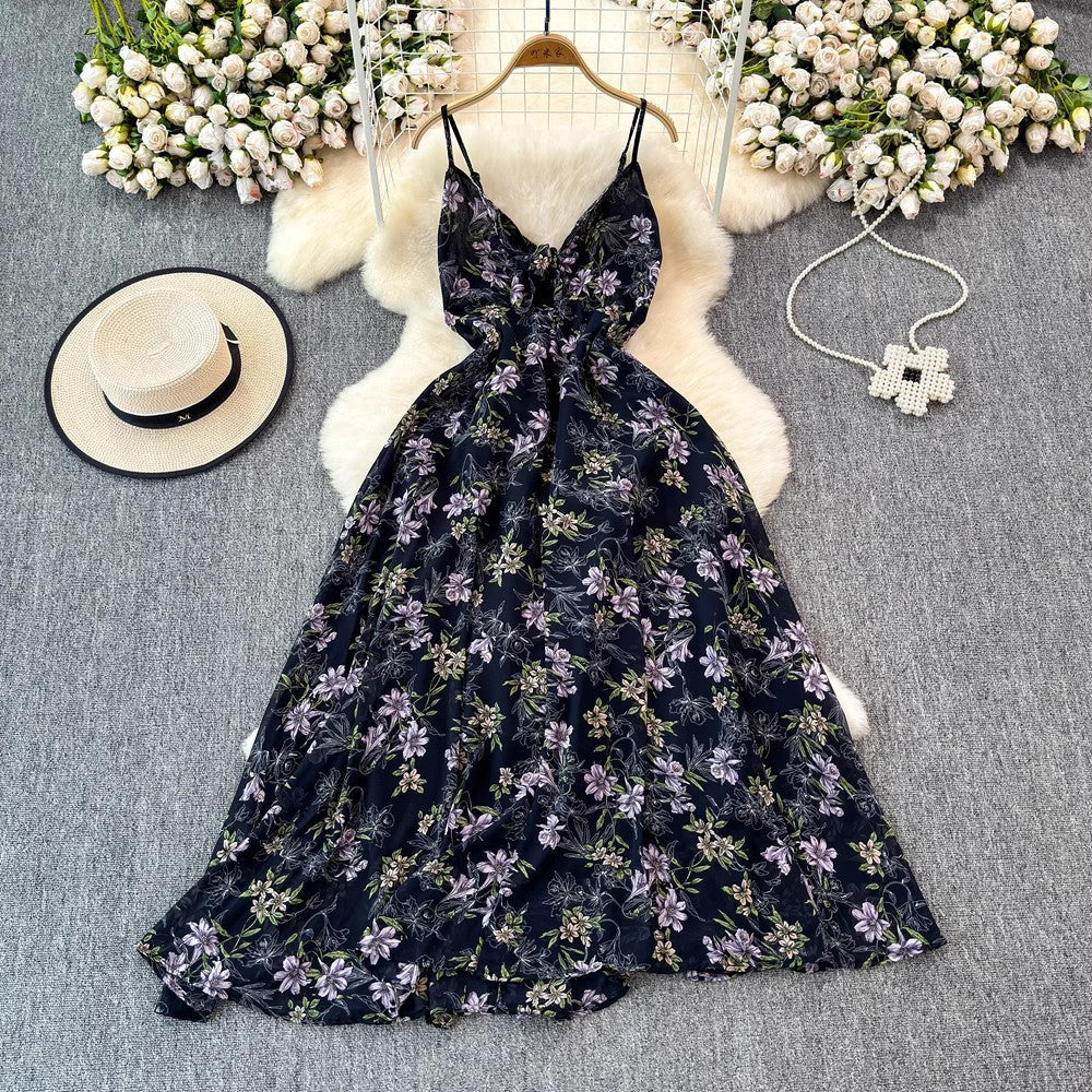v-neck strap, adjustable waist, floral print, for summer – Light women's dress