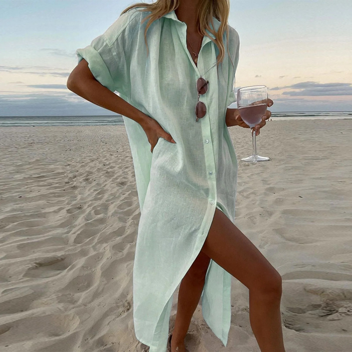 Variant image for Elegant High Slot Shirt Dress with Button Details for Women, Soft Fabric, Chic Relaxed Fit-9