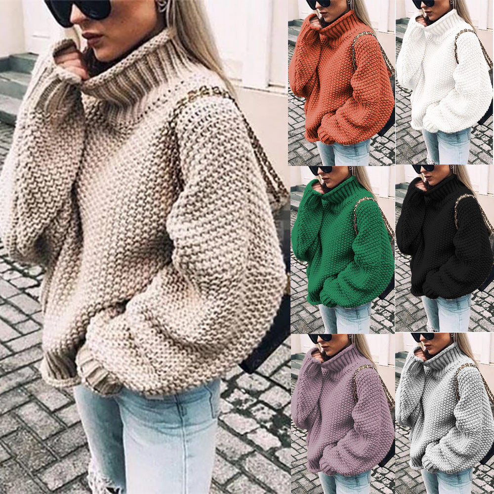 Women Oversized Turtleneck Sweater - Chunky Knit, Winter