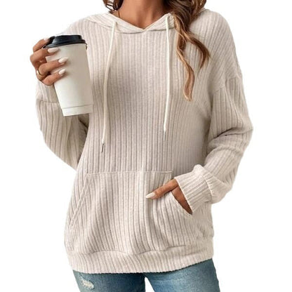 Plush Relaxed Women's Hooded Pullover - Ribbed Knit, Casual