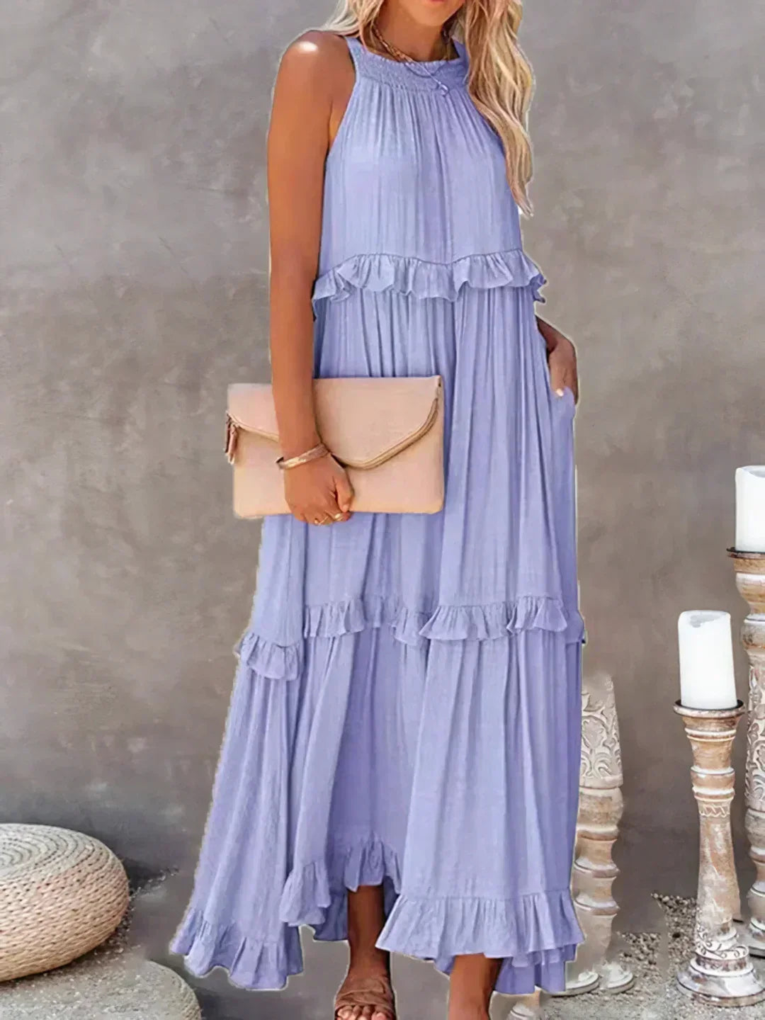 Variant image for Elegant Halter Ruffle Floral Maxi Dress for Women, Lightweight Bohemian Long Dress, Flowing Fit-21
