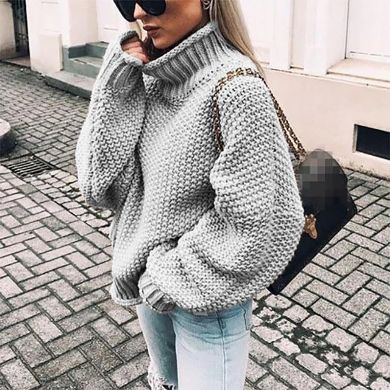 Women Oversized Turtleneck Sweater - Chunky Knit, Winter