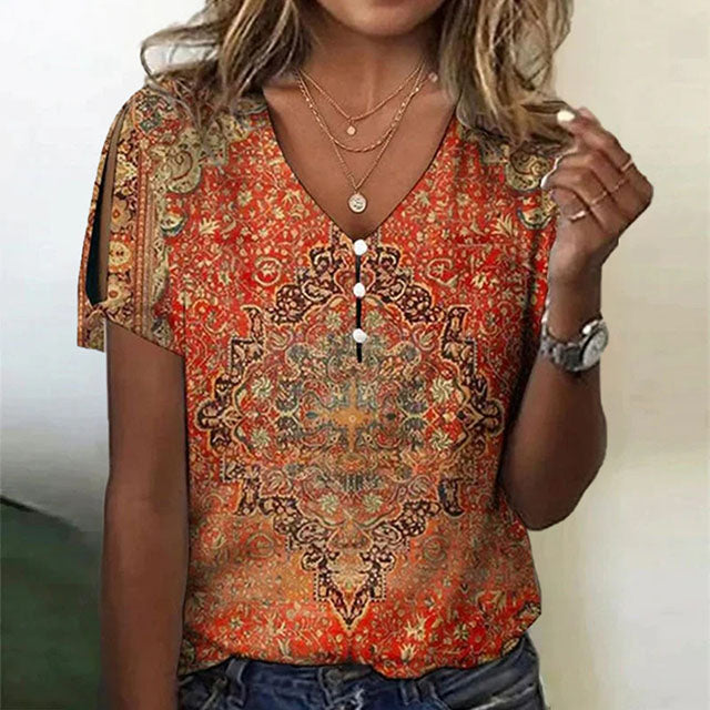 Vintage Ethnic Womens Blouse with V-Neck and Button Detail, Short Sleeve Summer Top for Women in Cotton Blend-2