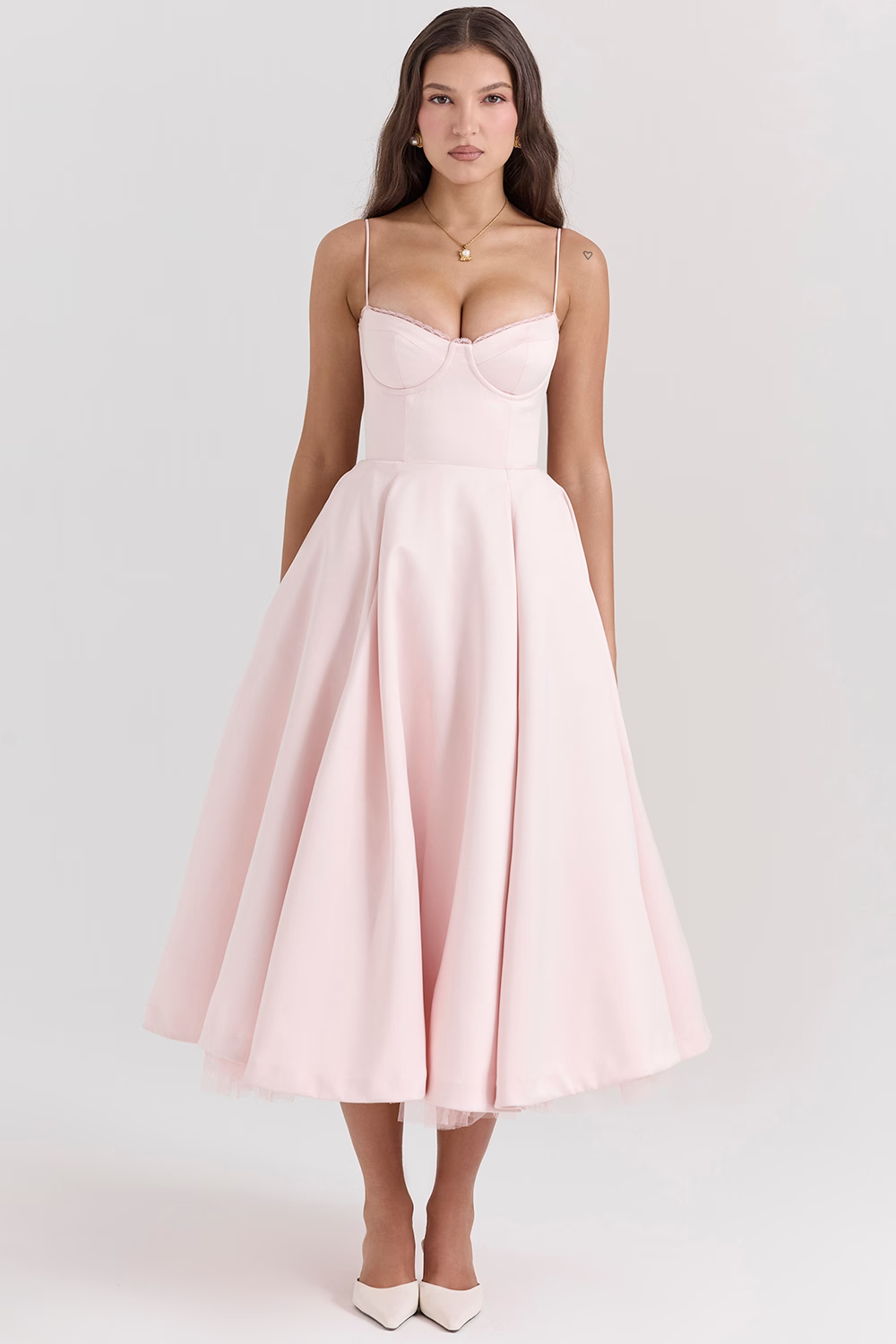 Variant image for Elegant White Satin Midi Dress with Spaghetti Straps and Tulle Skirt for Women - Perfect for Special Occasions-6