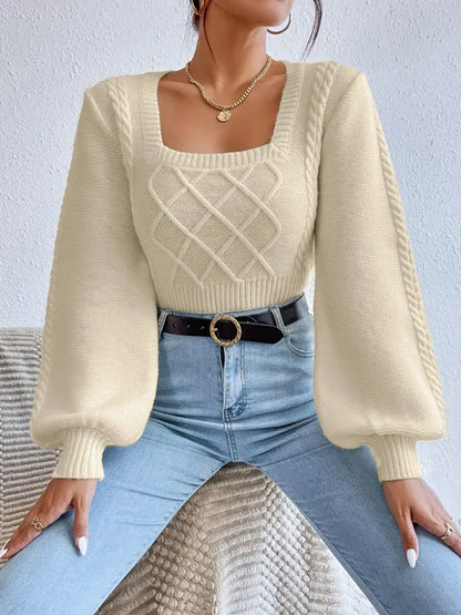 Plush Women's Square Collar Sweater - Cropped Knit Layering