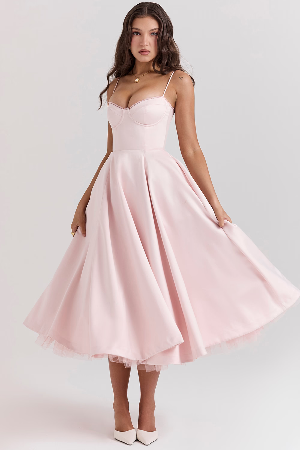 Elegant White Satin Midi Dress with Spaghetti Straps and Tulle Skirt for Women - Perfect for Special Occasions-5
