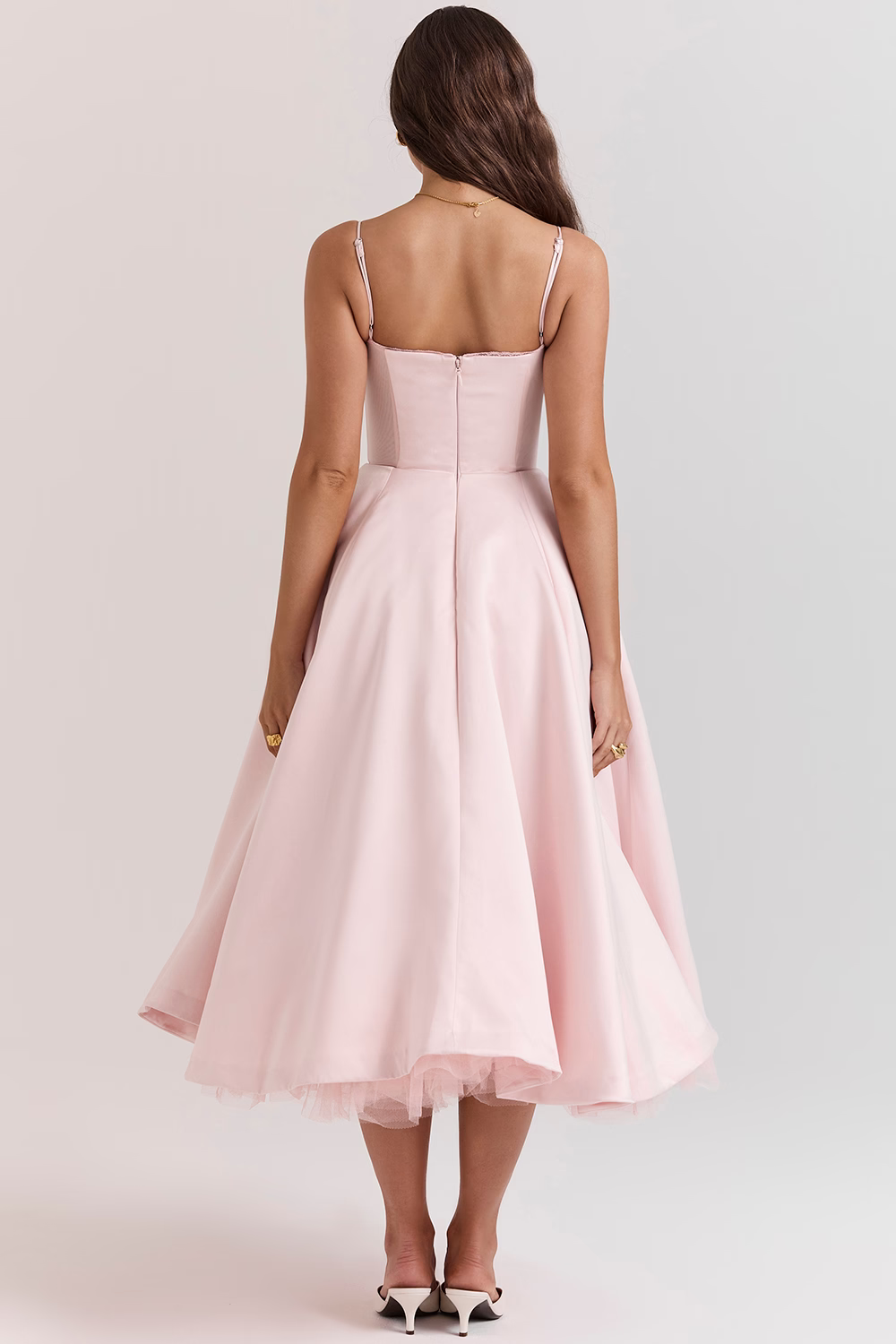 Elegant White Satin Midi Dress with Spaghetti Straps and Tulle Skirt for Women - Perfect for Special Occasions-6