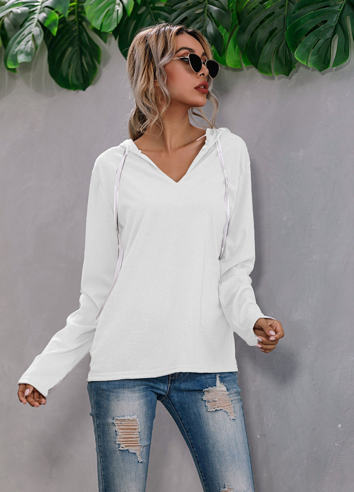 Light Relaxed Womens Hoodie - V Neck, Knit, Regular