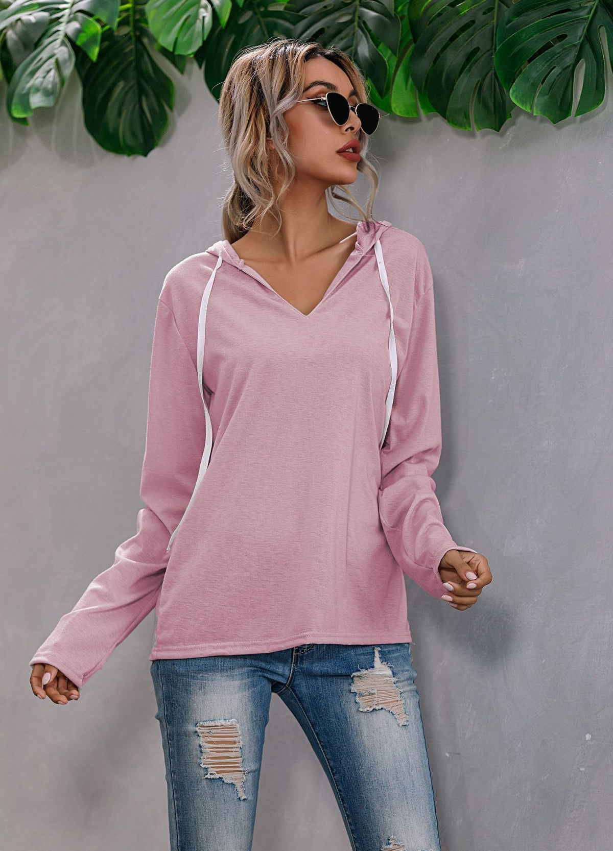 Light Relaxed Womens Hoodie - V Neck, Knit, Regular