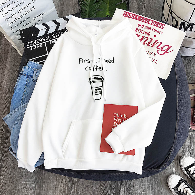 Cozy Oversized Womens Hoodie - Coffee Graphic Print, Fleece