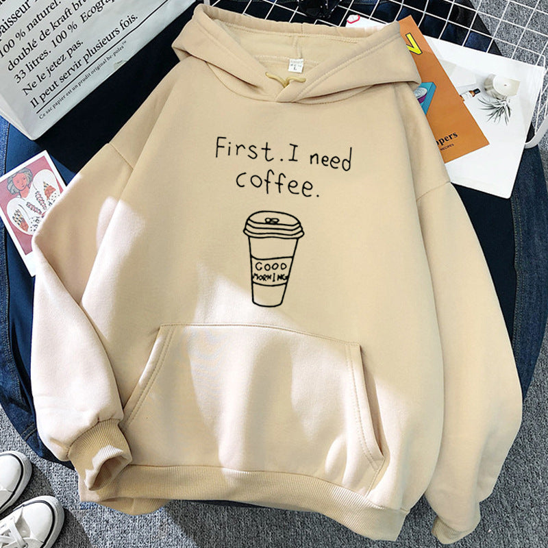 Cozy Oversized Womens Hoodie - Coffee Graphic Print, Fleece