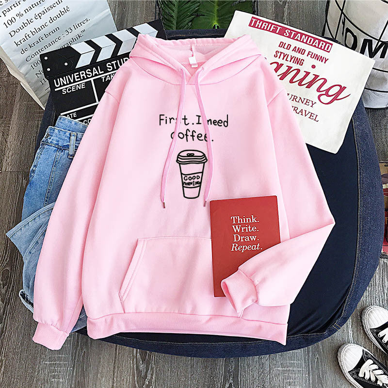 Cozy Oversized Womens Hoodie - Coffee Graphic Print, Fleece