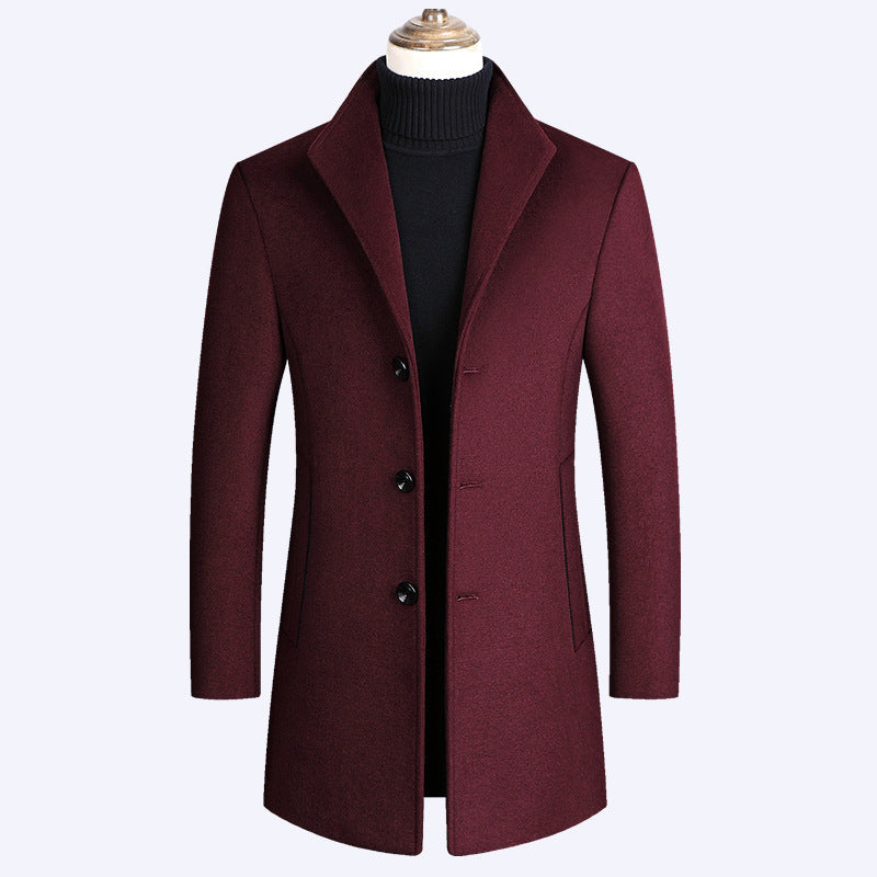 Men’s Warm Wool Coat - Single-Breasted Mid-Thigh, Winter