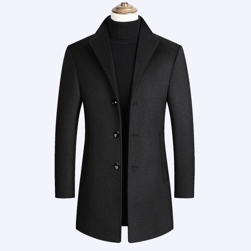Men’s Warm Wool Coat - Single-Breasted Mid-Thigh, Winter
