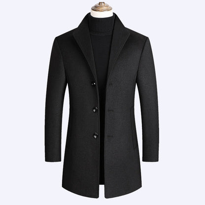 Men’s Warm Wool Coat - Single-Breasted Mid-Thigh, Winter