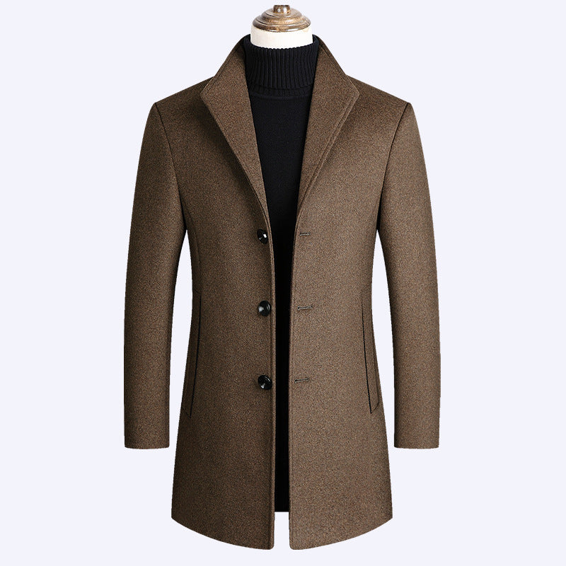 Men’s Warm Wool Coat - Single-Breasted Mid-Thigh, Winter