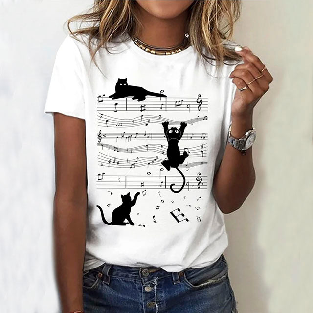 Creative Cat Print Mens T Shirt, Short Sleeve Cotton-Polyester Blend Graphic Tee for Spring and Summer Casual Wear-1