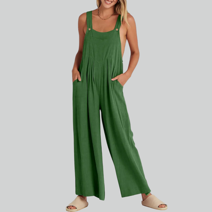 Size Plus Vintage Cotton Linen Wide Leg Overalls Jumpsuit with Pockets