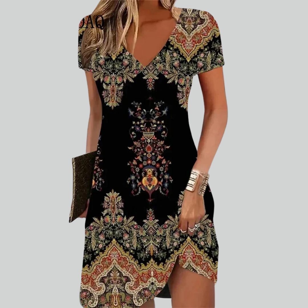 Women Retro Dresses Ethnic Floral Print Midi Dress Plus Size Short Sleeve V-Neck