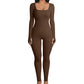 Long Sleeve Square Neck, Ribbed Nylon-Spandex, Seamless Yoga Athleisure – Stretchy Flattering Women’s Jumpsuit