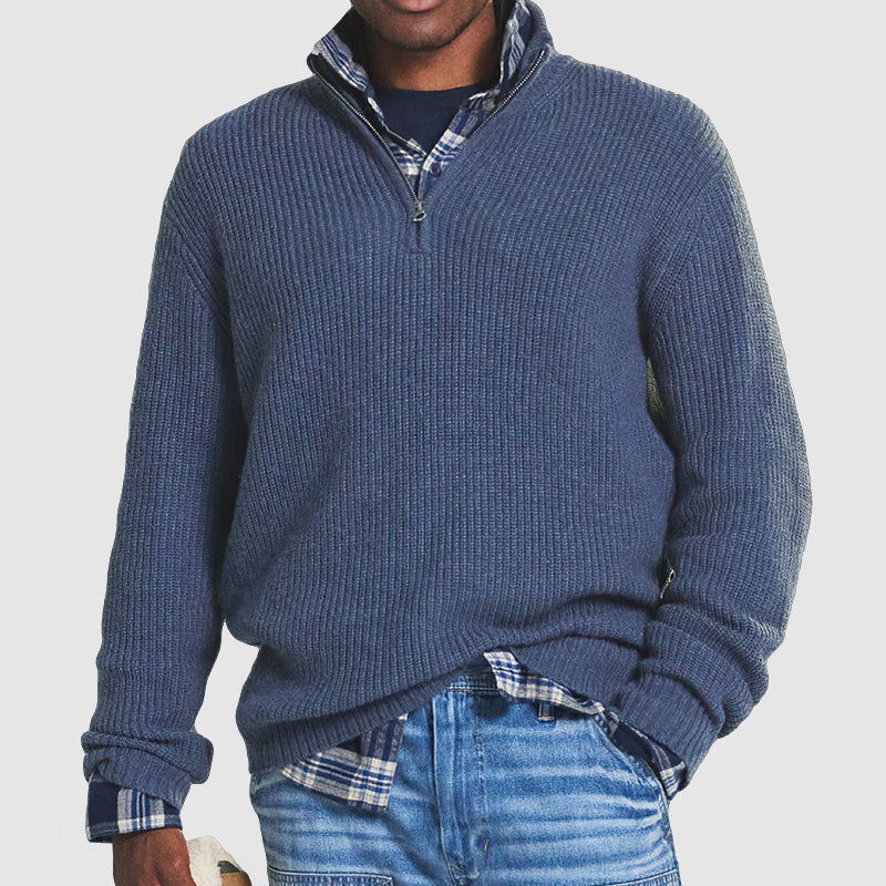 Plush Men Cashmere Pullover - Half Zip Ribbed Business Casual