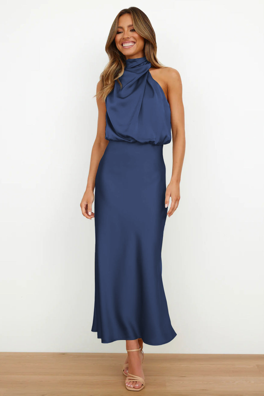 Long Satin Halterneck Formal Dress for Weddings and Elegant Occasions, Full-Length Evening Gown-6