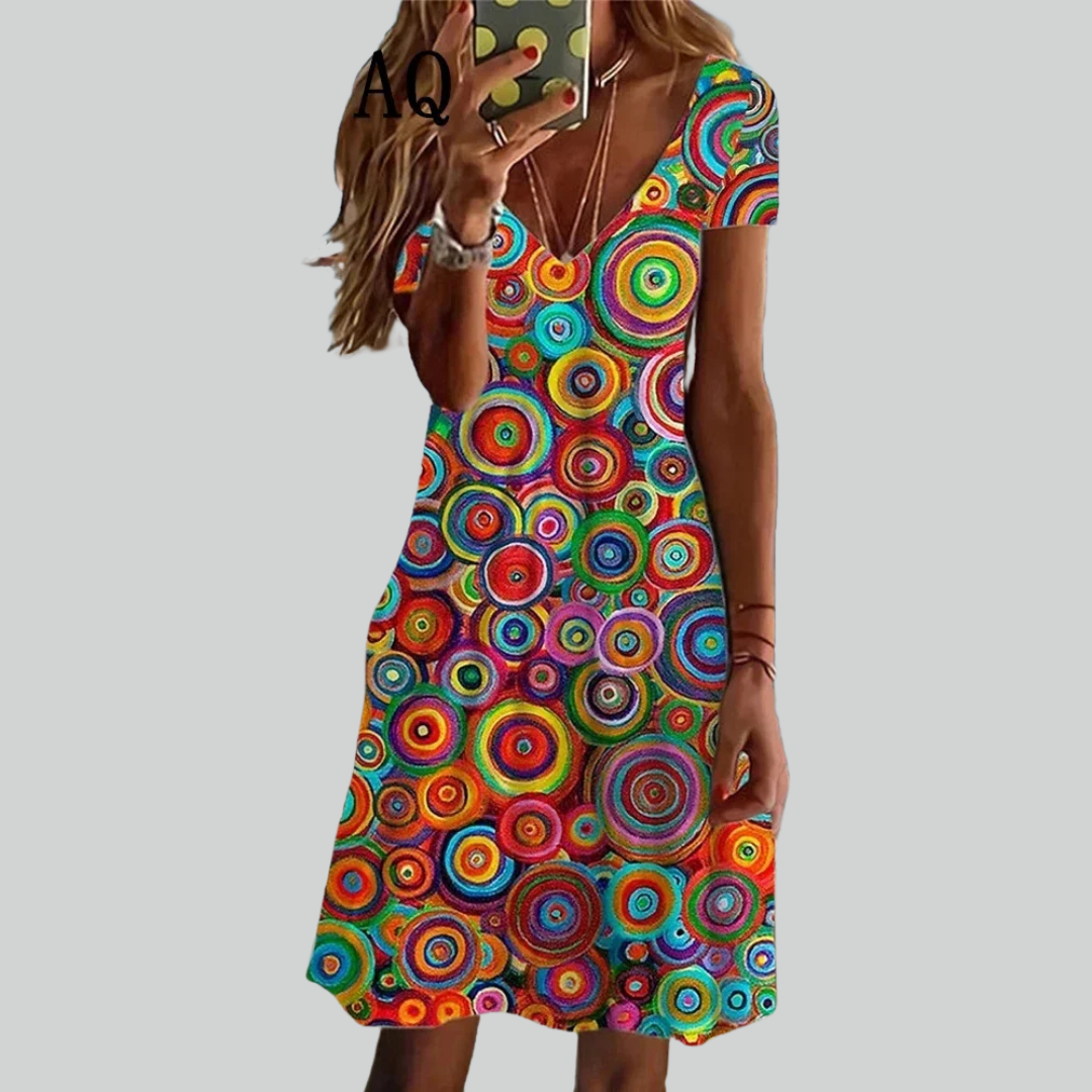 Women Retro Dresses Ethnic Floral Print Midi Dress Plus Size Short Sleeve V-Neck