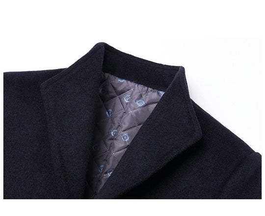 Men’s Warm Wool Coat - Single-Breasted Mid-Thigh, Winter