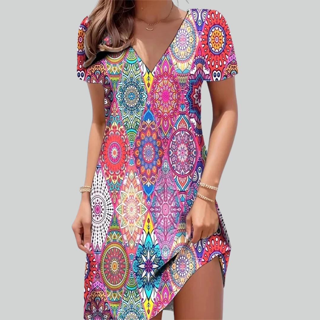 Women Retro Dresses Ethnic Floral Print Midi Dress Plus Size Short Sleeve V-Neck
