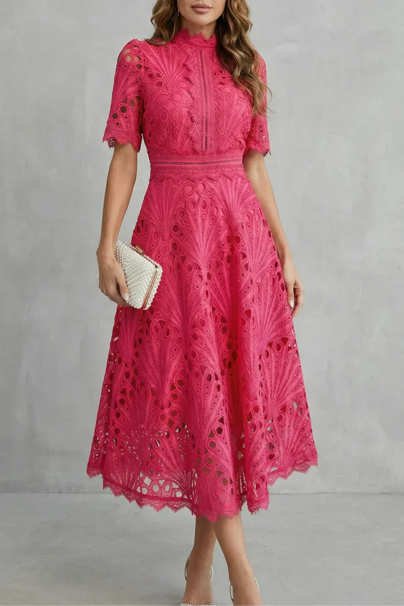 Plush Women's Dress - Lace, Cinched Waist, Short Sleeves, Timeless A-Line Silhouette, 100% Polyester, For Occasions