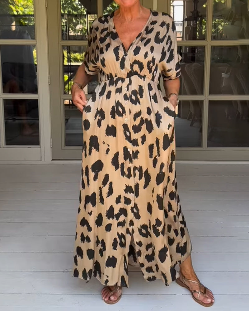 Plus Size Women's Boho Dress, Breathable Loose Fit Summer Dress in Panther Print - Available in Khaki, Blue, Gray-1