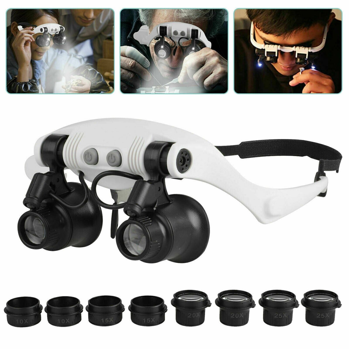 Magnifier Headband LED Jeweler Glasses With 8 Lenses