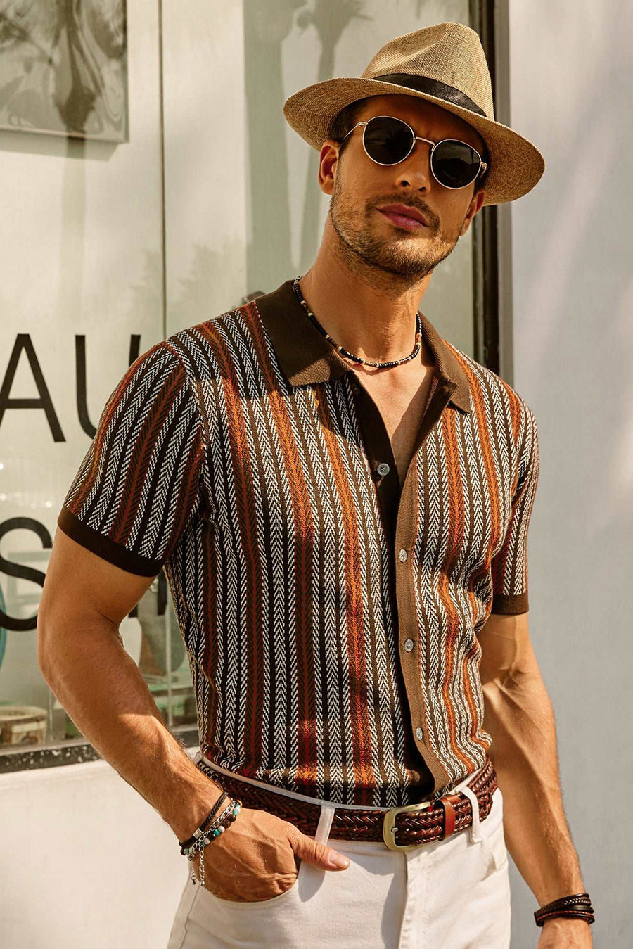 Retro Striped Polo Shirt for Men, Short Sleeve, Breathable Fabric, Vintage Style, Comfortable Fit-2