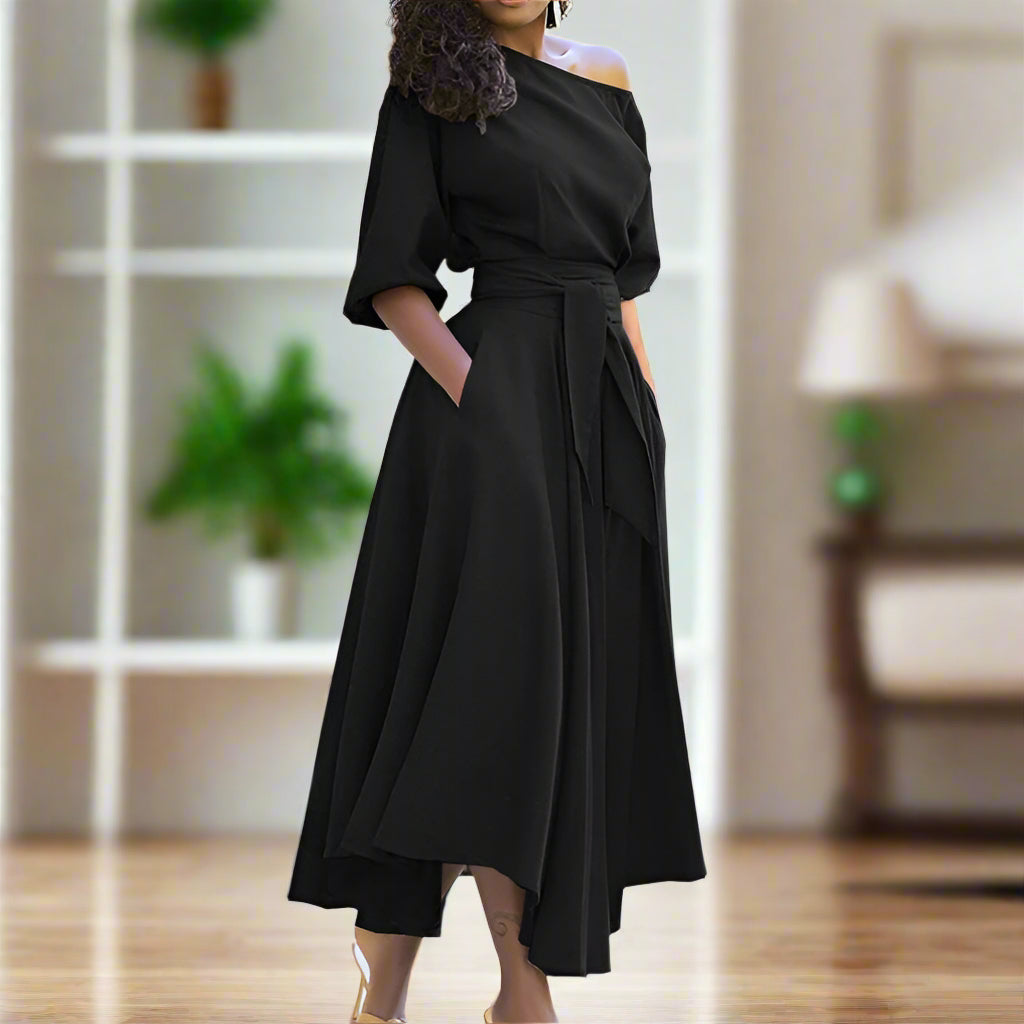 Elegant Midi Dress with Elbow-Length Sleeves and Adjustable Waist for Women-2