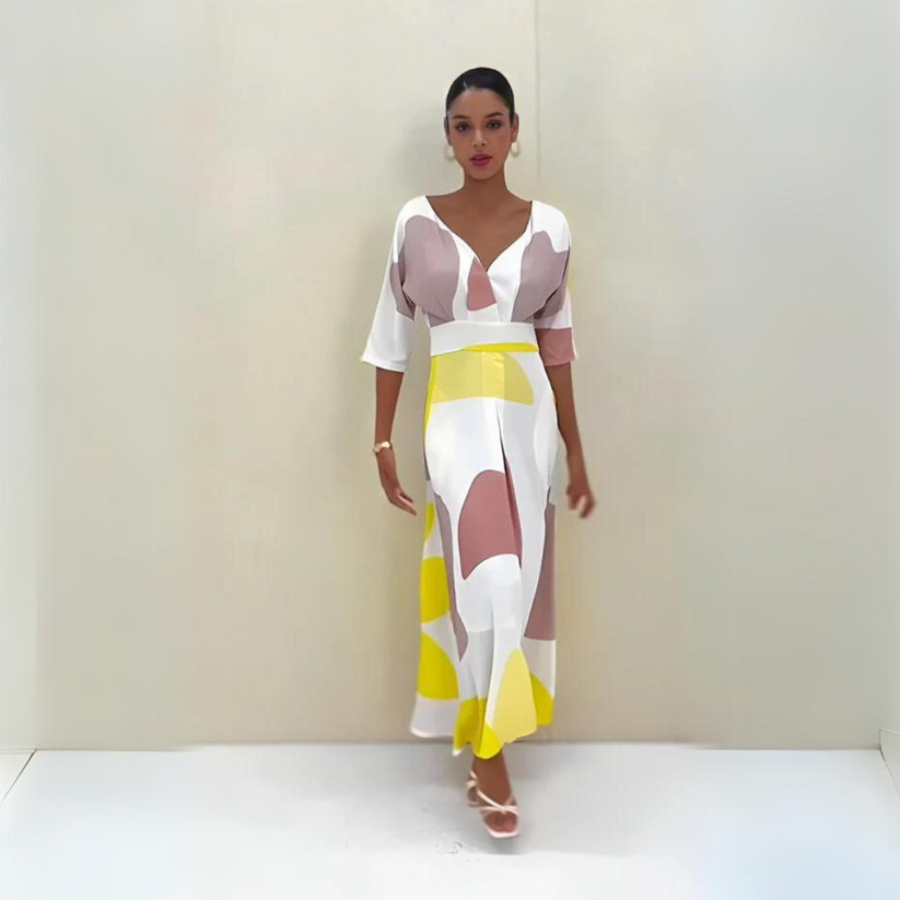 Variant image for Elegant Long Summer Dress with Playful Neckline and Three-Quarter Sleeves - Lightweight Women���s Dress for Casual and Special Occasions-1