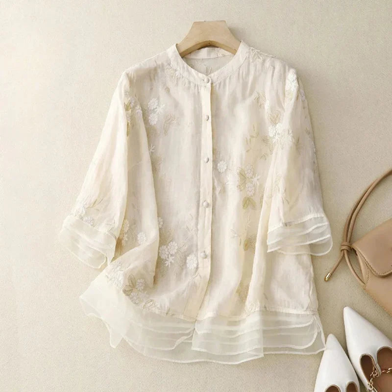 Variant image for Elegant Women's Top with Embroidery, Breathable Cotton Blend Blouse in Various Colors and Sizes-1