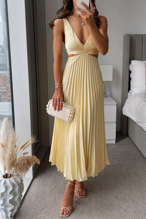 Elegant Pleated Satin Evening Dress with Deep V Neckline - Formal Wedding Guest Gown Available in Six Colors-1