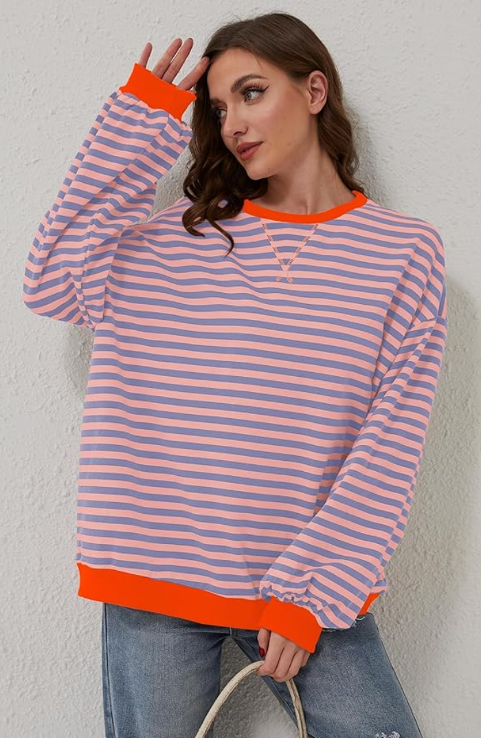 Women's Oversized Sweatshirt - Boxy Striped Cotton Casual