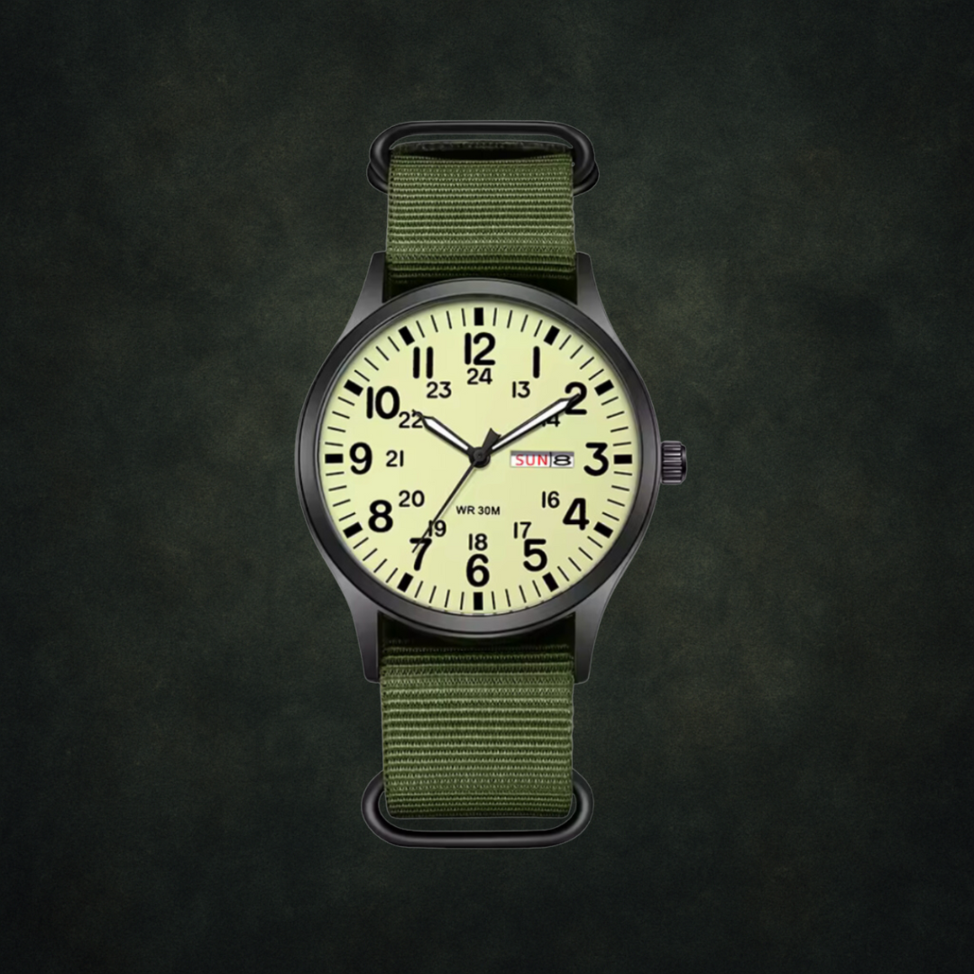 Sturdy Men’s Military-Style Watch – Water-Resistant, Scratch-Resistant, 42mm Dial – Green Black